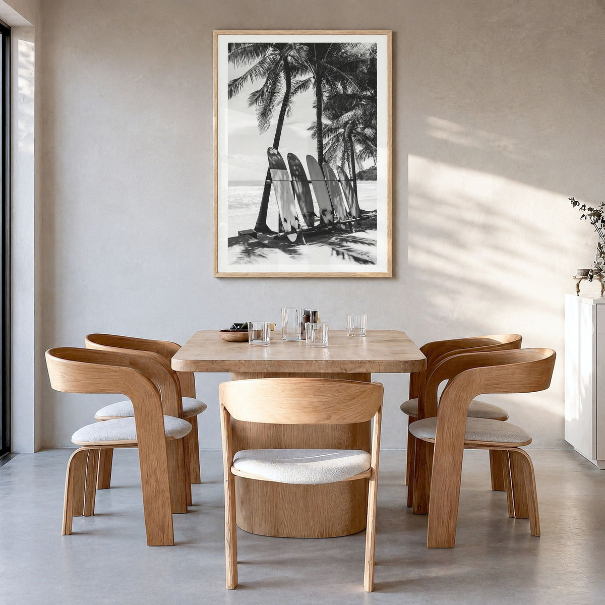 Surfboard Photo No 2 Poster in a natural wood frame, hanging in a dining room, white border