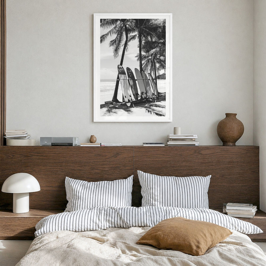 Surfboard Photo No 2 Poster in a white wood frame, hanging in a bedroom, white border