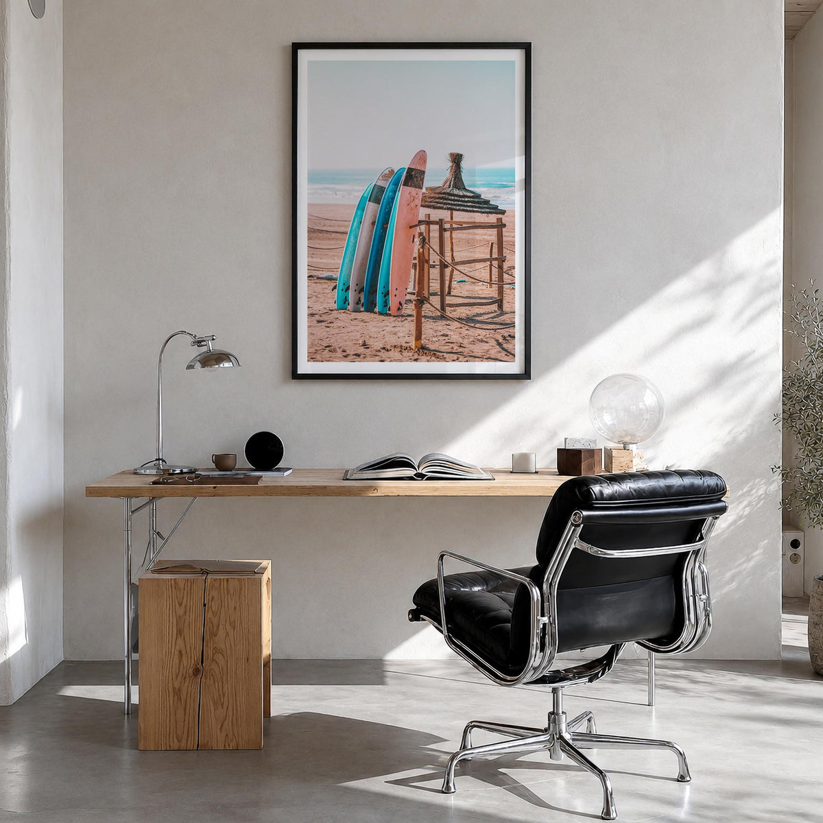 Surfboards no. 1 colorful photo poster – vertical wall art in black wood frame with white border, hanging on wall