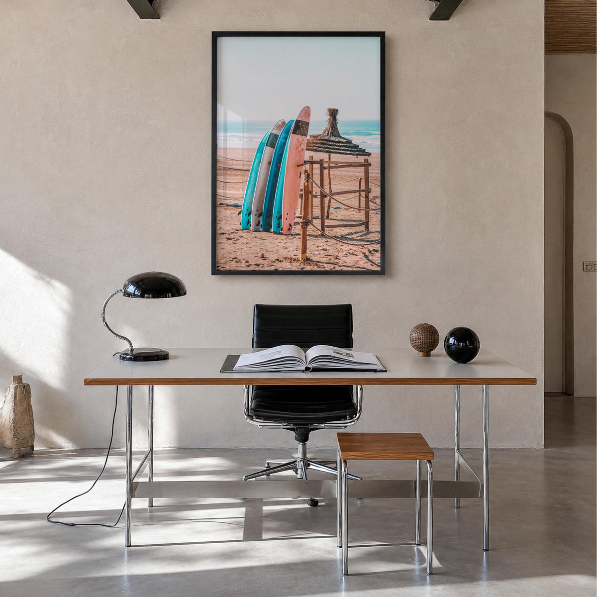 Surfboards no. 1 colorful photo poster – vertical wall art in black wood frame, hanging on wall