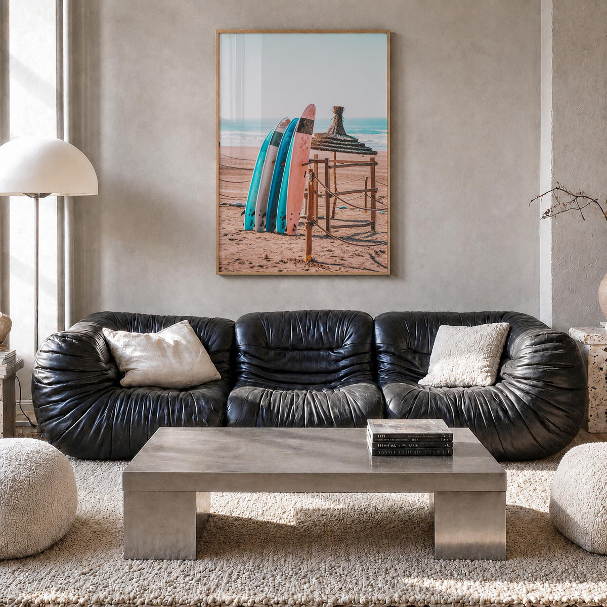 Surfboards no. 1 colorful photo poster – vertical wall art in natural wood frame, hanging on wall