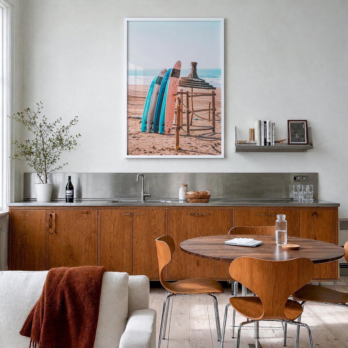Surfboards no. 1 colorful photo poster – vertical wall art in white wood frame, hanging on wall