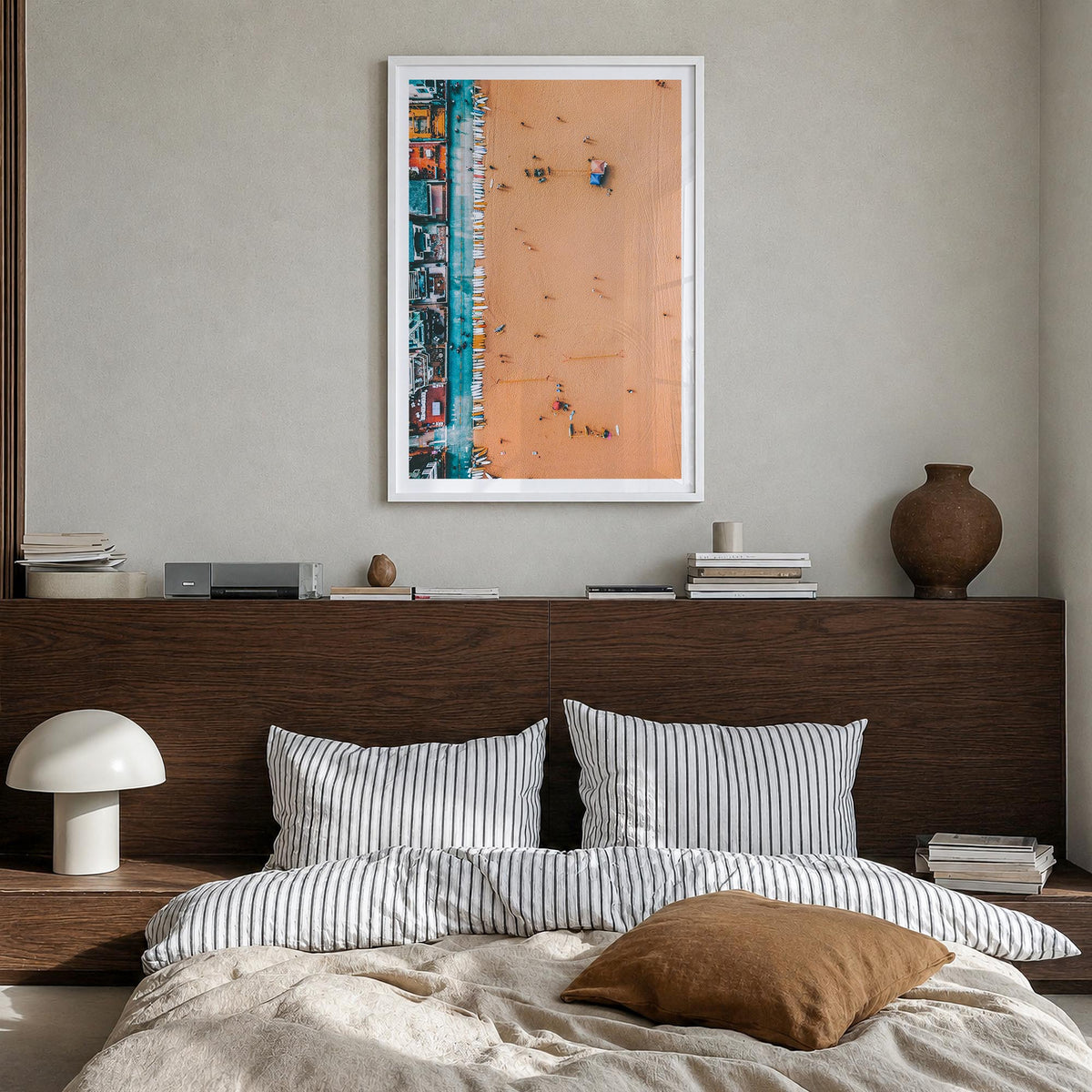 Surfboards no. 2 colorful photo poster – vertical wall art in white wood frame with white border, hanging on wall