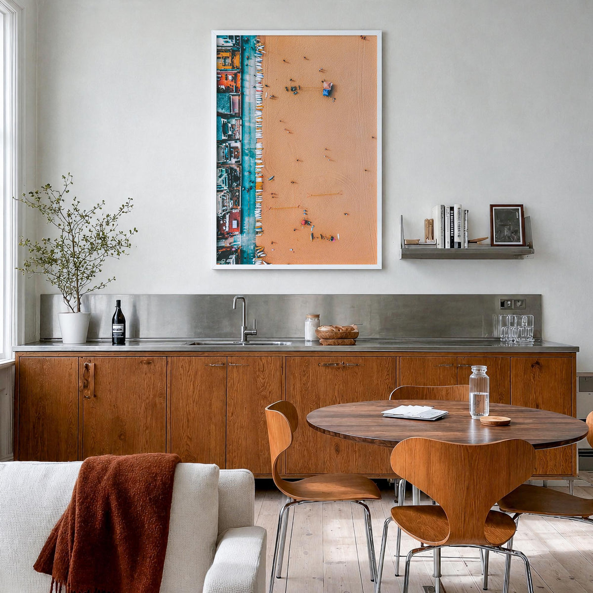 Surfboards no. 2 colorful photo poster – vertical wall art in white wood frame, hanging on wall