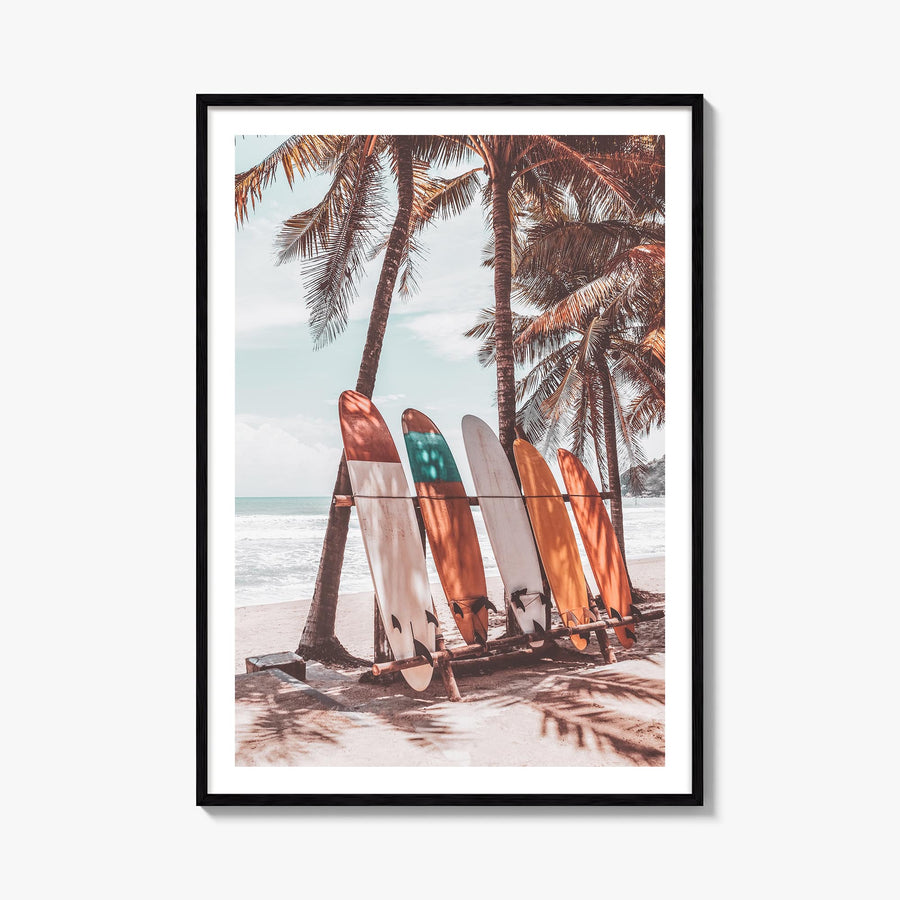 Surfboards no. 4 colorful photo poster – vertical wall art, unframed print shown in interior mockup