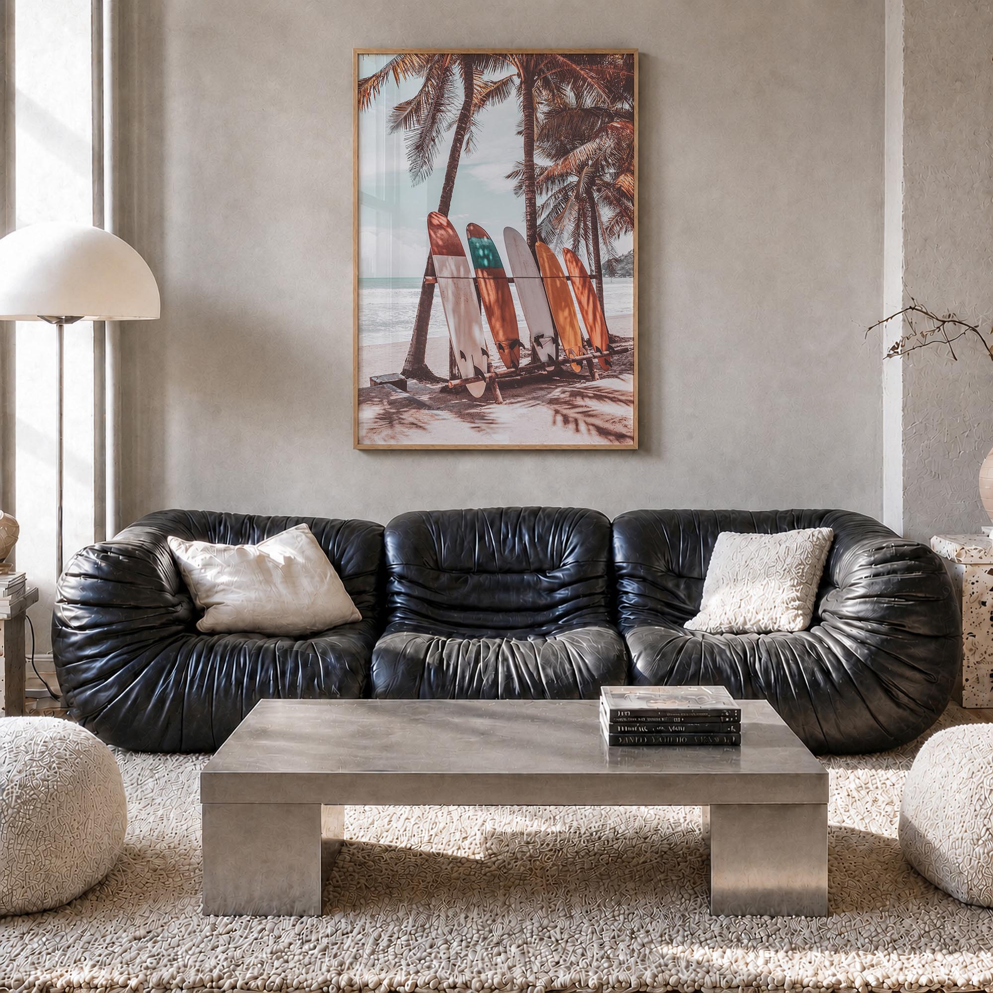 Surfboards no. 4 colorful photo poster – vertical wall art in natural wood frame, hanging on wall