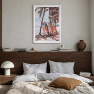 Surfboards no. 4 colorful photo poster – vertical wall art in white wood frame with white border, hanging on wall