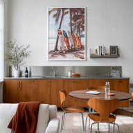 Surfboards no. 4 colorful photo poster – vertical wall art in white wood frame, hanging on wall