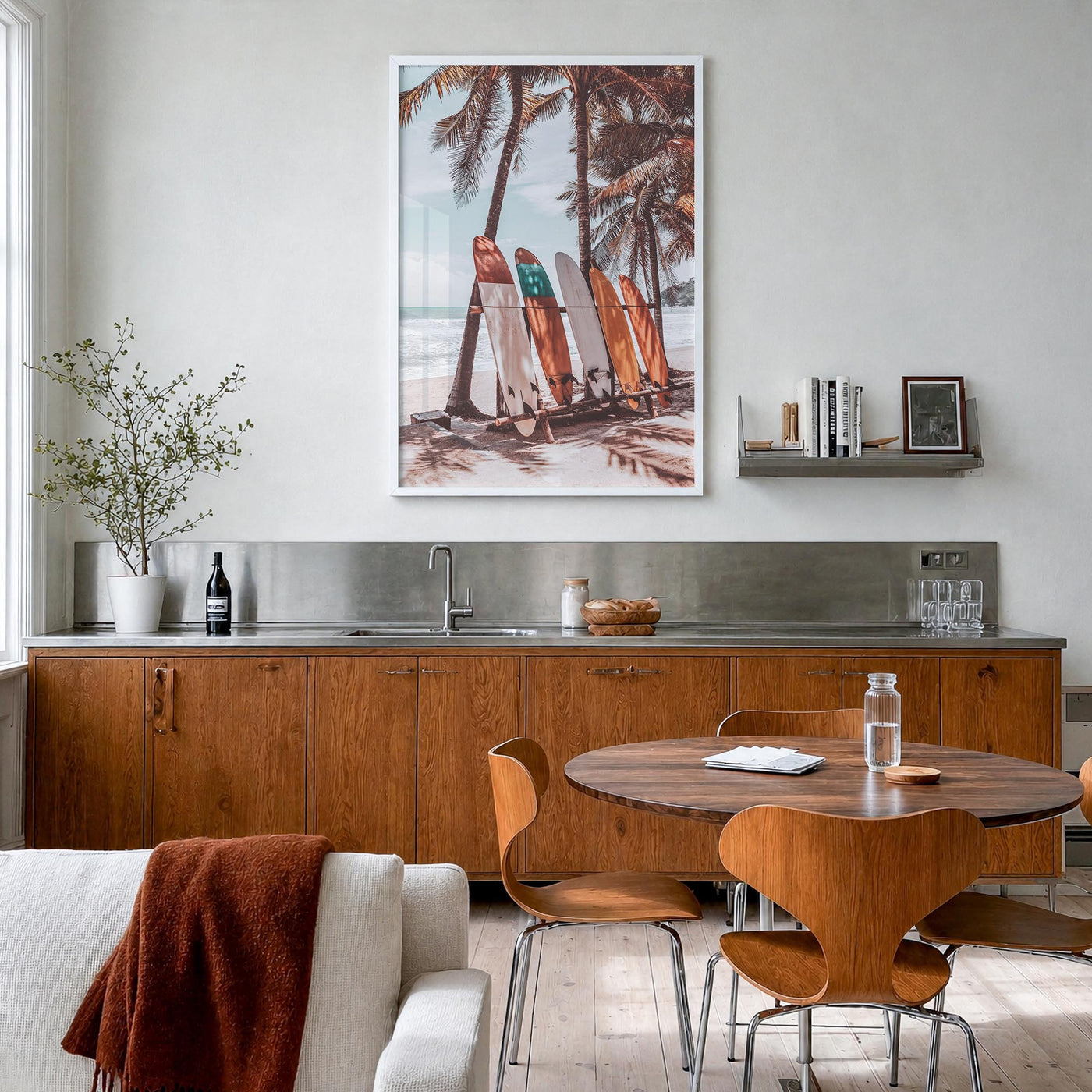 Surfboards no. 4 colorful photo poster – vertical wall art in white wood frame, hanging on wall