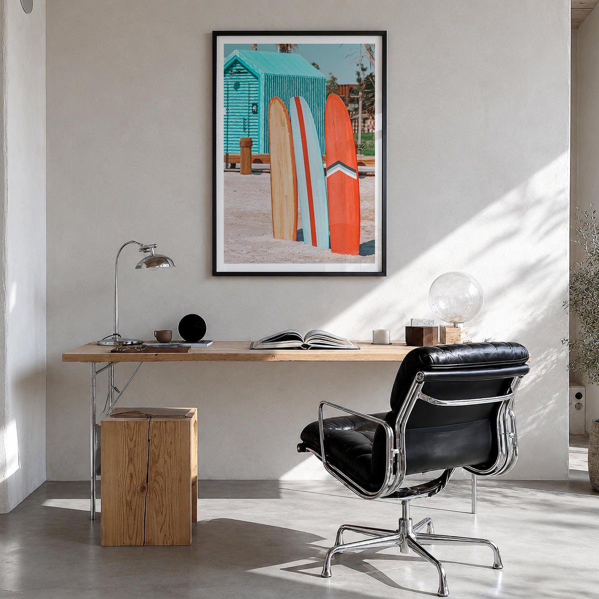 Surfboards no. 5 colorful photo poster – vertical wall art in black wood frame with white border, hanging on wall