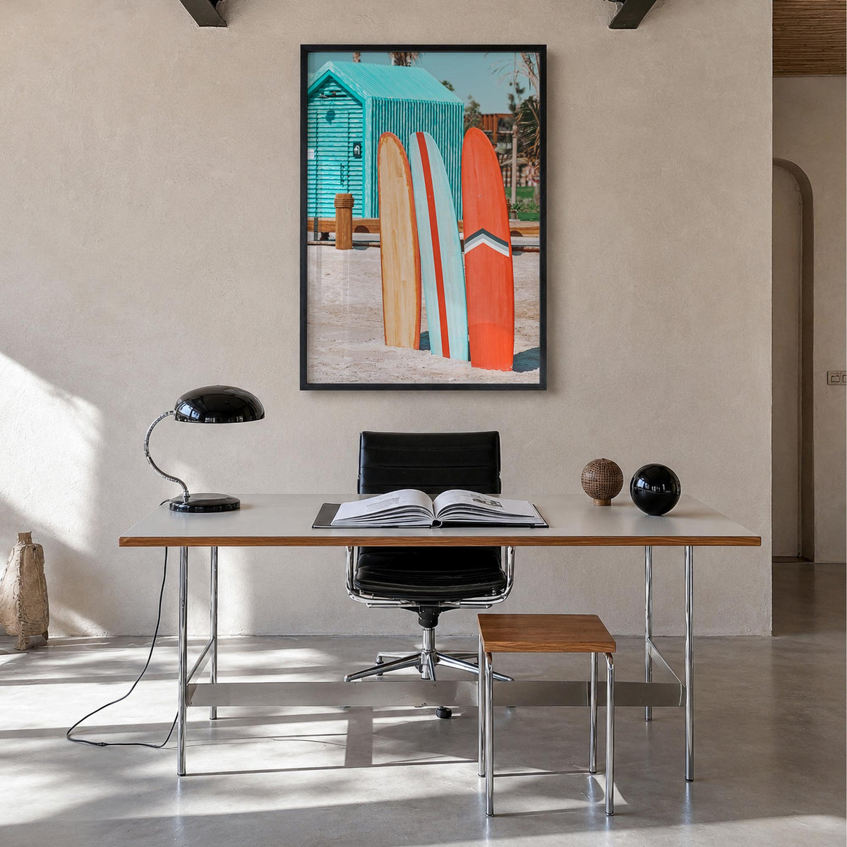 Surfboards no. 5 colorful photo poster – vertical wall art in black wood frame, hanging on wall