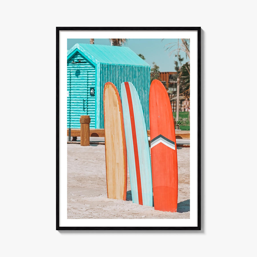 Surfboards no. 5 colorful photo poster – vertical wall art, unframed print shown in interior mockup