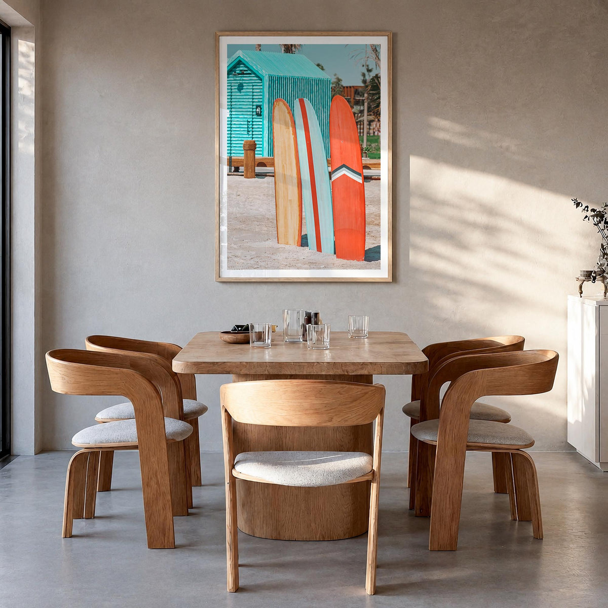 Surfboards no. 5 colorful photo poster – vertical wall art in natural wood frame with white border, hanging on wall