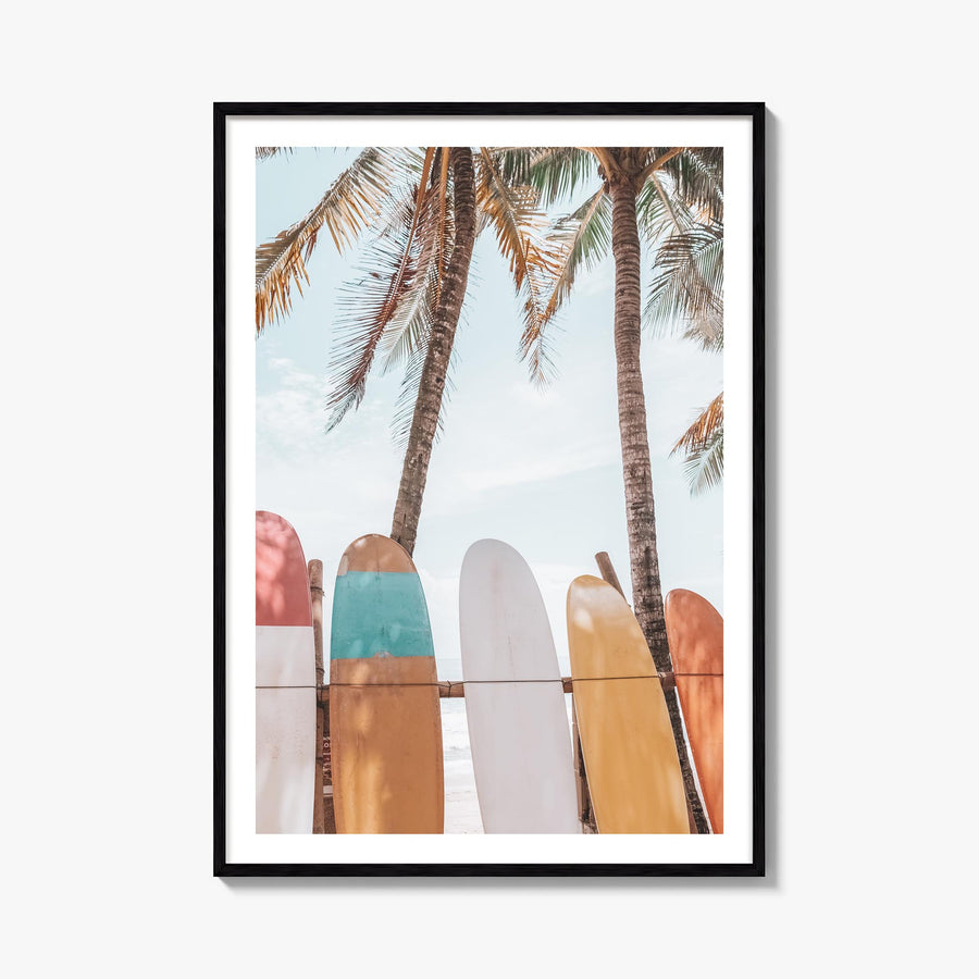 Surfboards no. 6 colorful photo poster – vertical wall art, unframed print shown in interior mockup