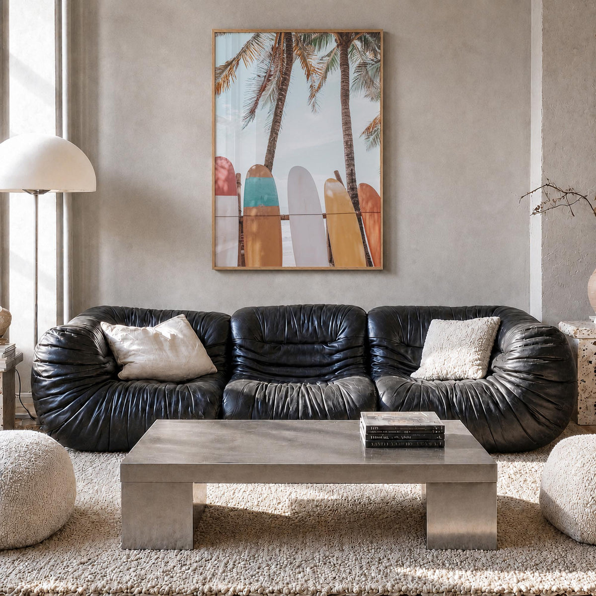 Surfboards no. 6 colorful photo poster – vertical wall art in natural wood frame, hanging on wall