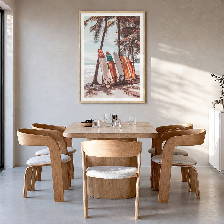 Surfboards Photo No 4 Poster in a natural wood frame, hanging in a dining room, white border