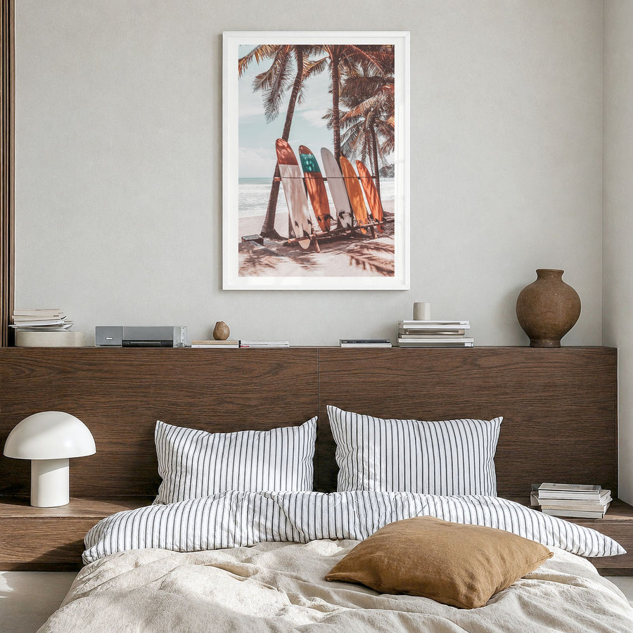 Surfboards Photo No 4 Poster in a white wood frame, hanging in a bedroom, white border