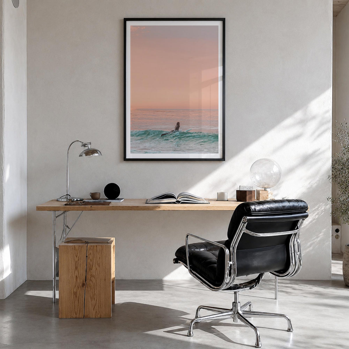 Surfer no. 1 colorful photo poster – vertical wall art in black wood frame with white border, hanging on wall