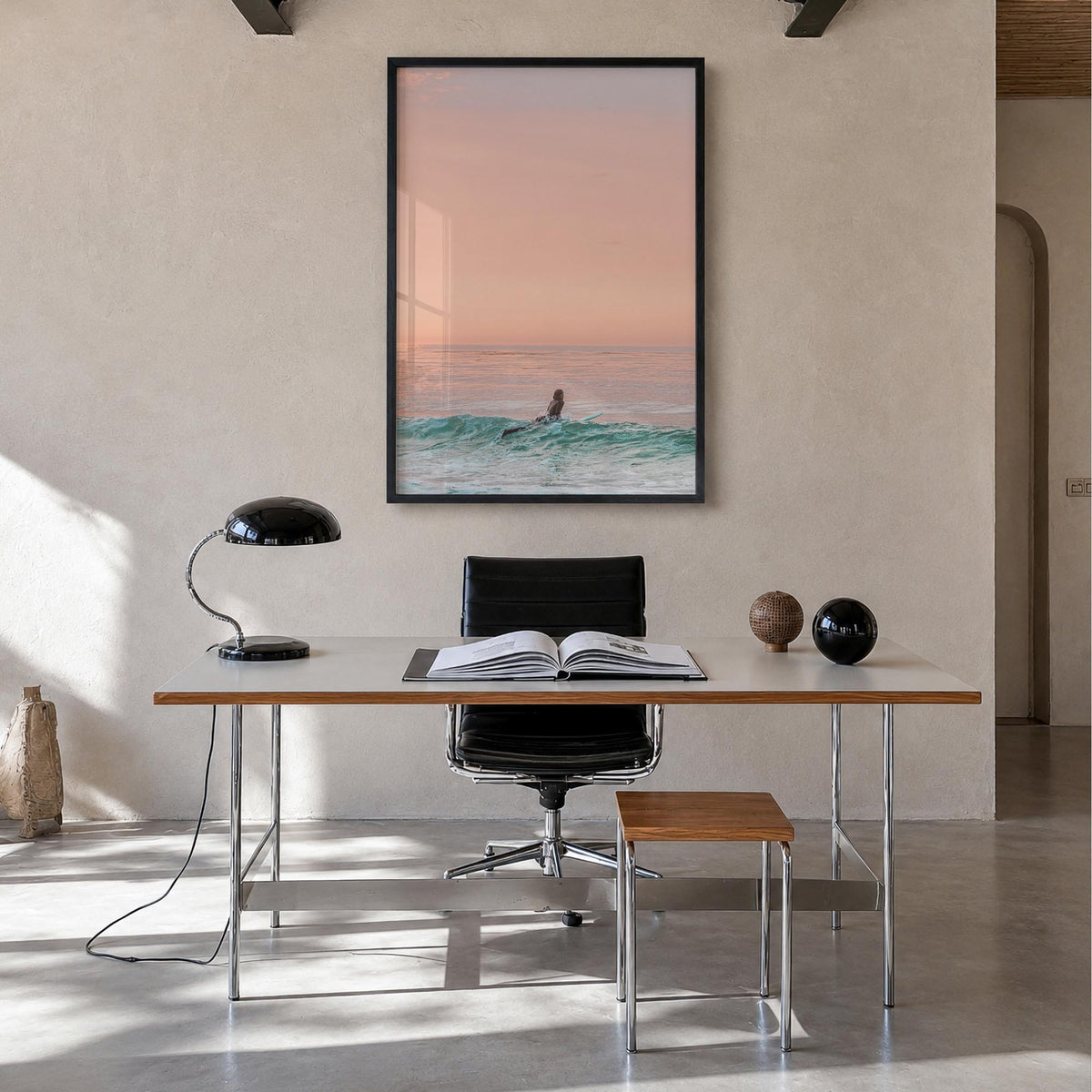 Surfer no. 1 colorful photo poster – vertical wall art in black wood frame, hanging on wall