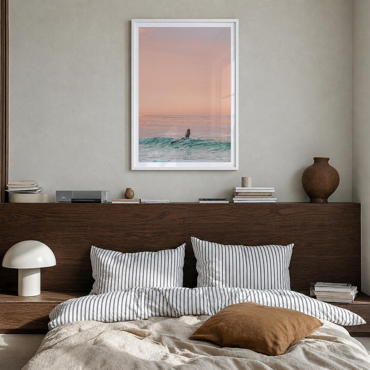Surfer no. 1 colorful photo poster – vertical wall art in white wood frame with white border, hanging on wall