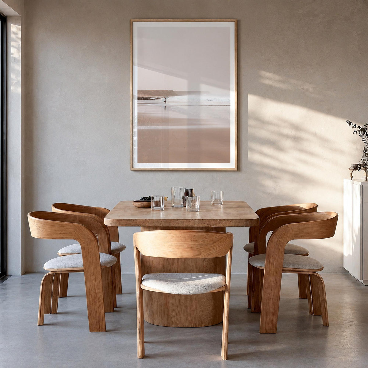 Surfer no. 2 colorful photo poster – vertical wall art in natural wood frame with white border, hanging on wall