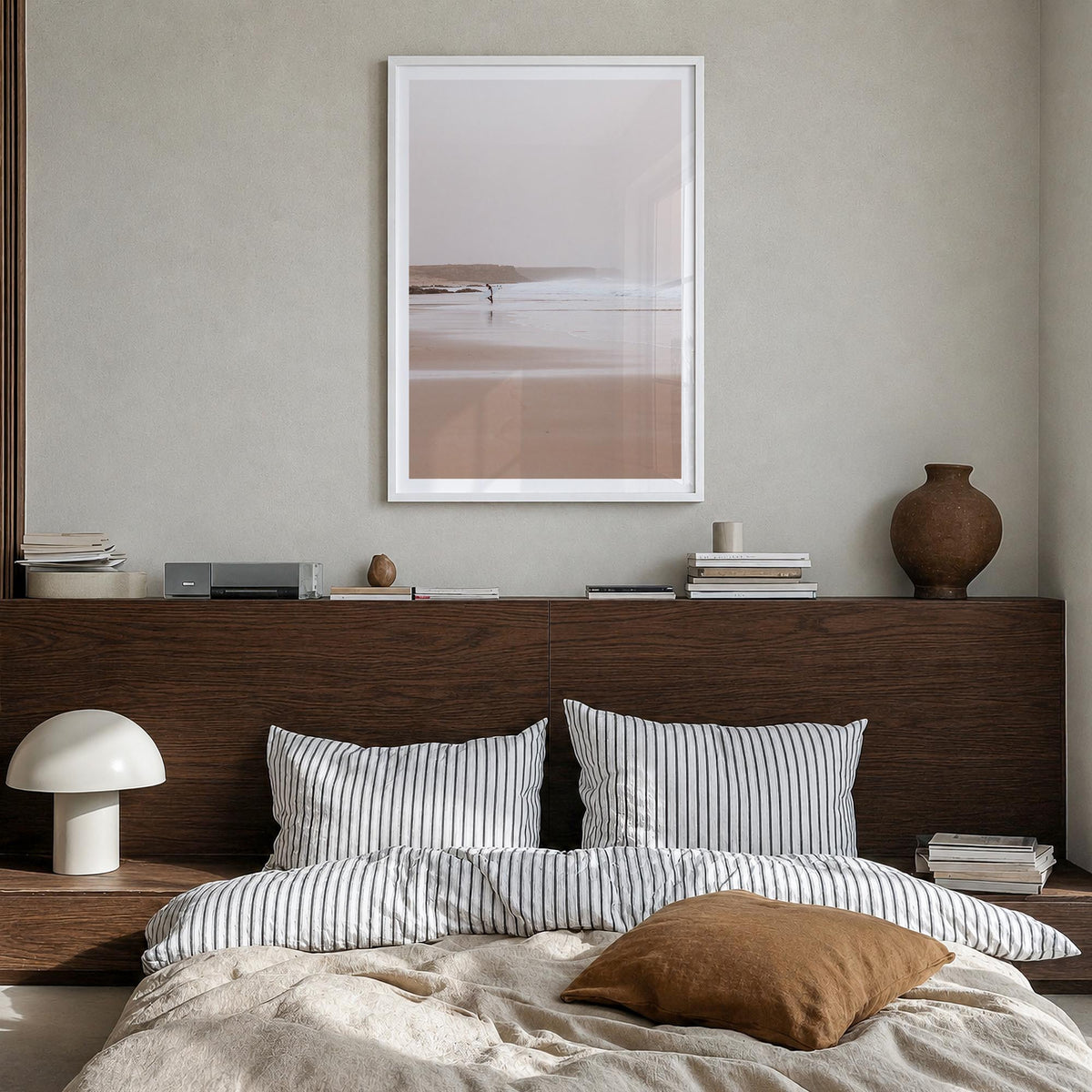 Surfer no. 2 colorful photo poster – vertical wall art in white wood frame with white border, hanging on wall