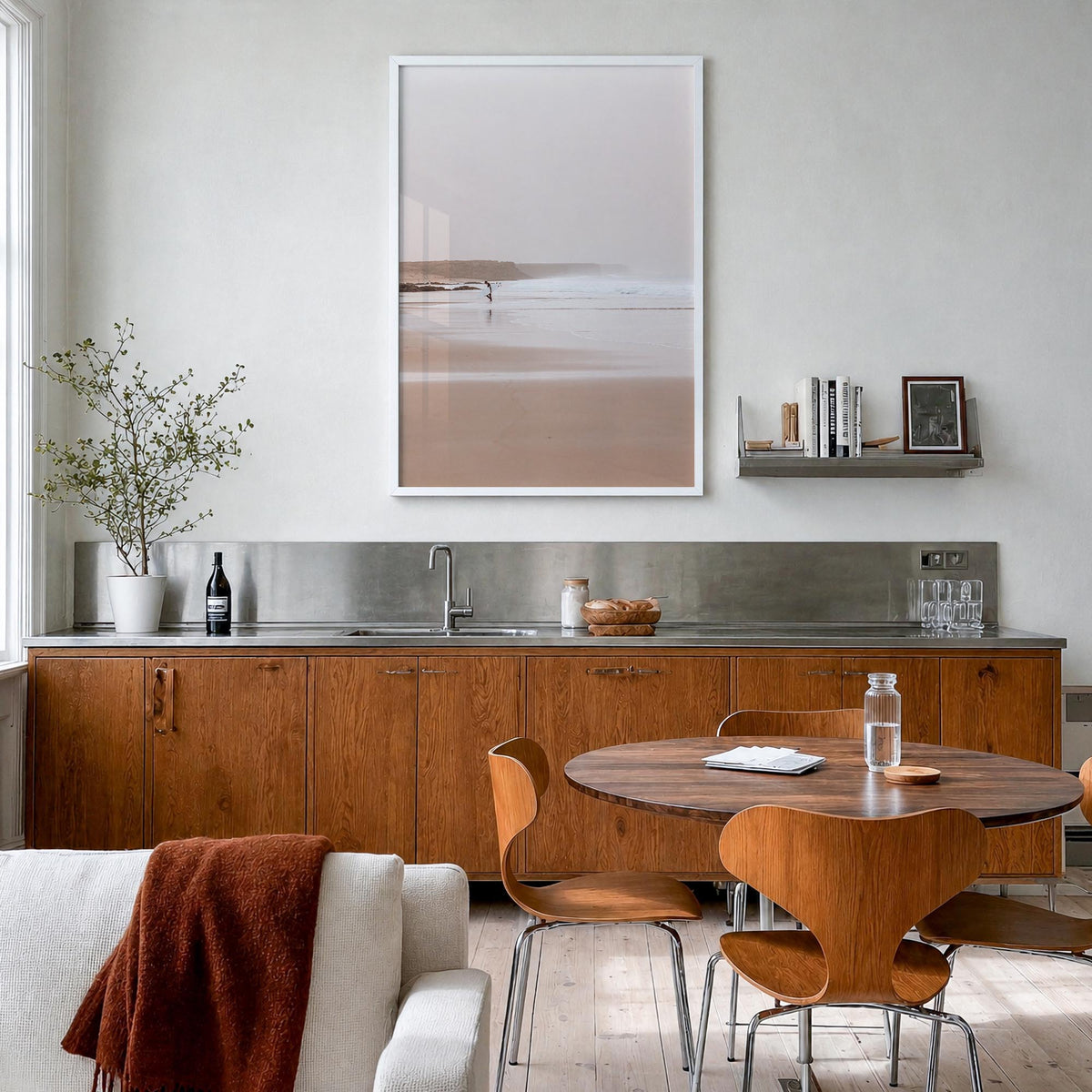 Surfer no. 2 colorful photo poster – vertical wall art in white wood frame, hanging on wall