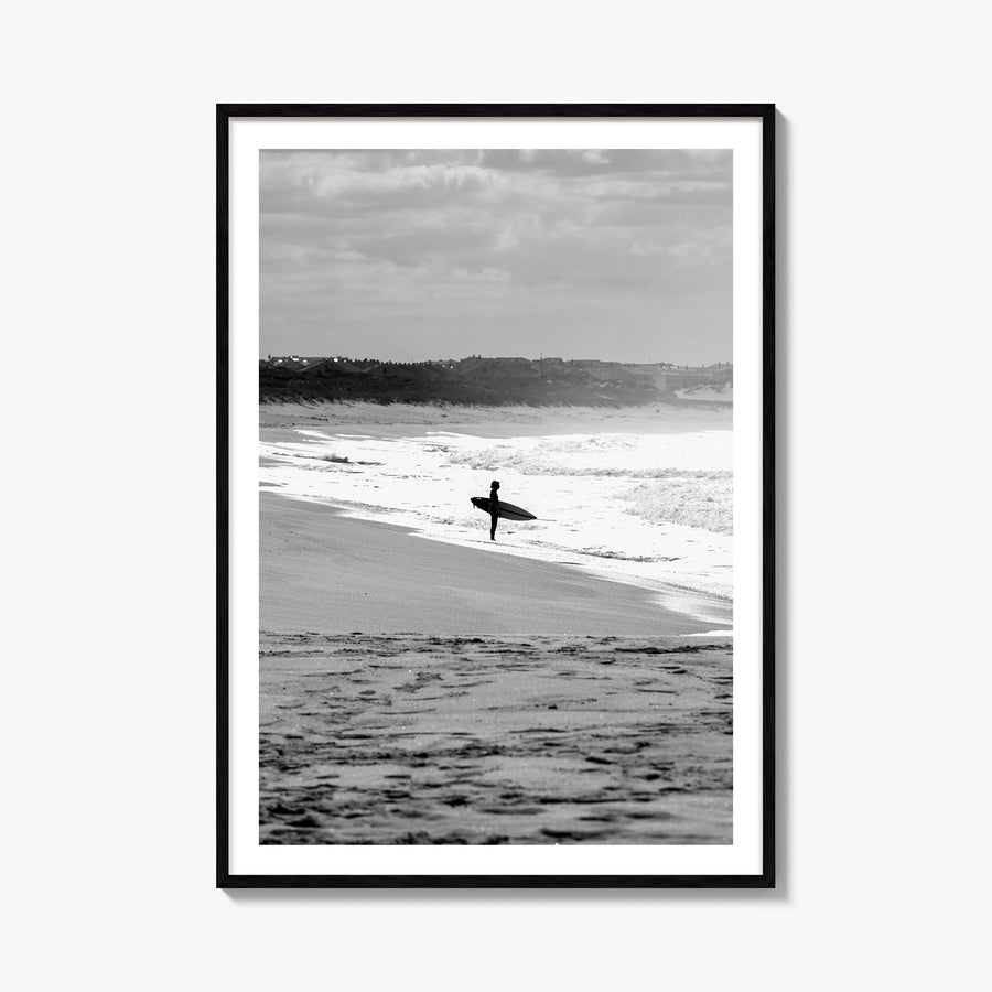 Surfer no. 3 black & white photo poster – vertical wall art, unframed print shown in interior mockup