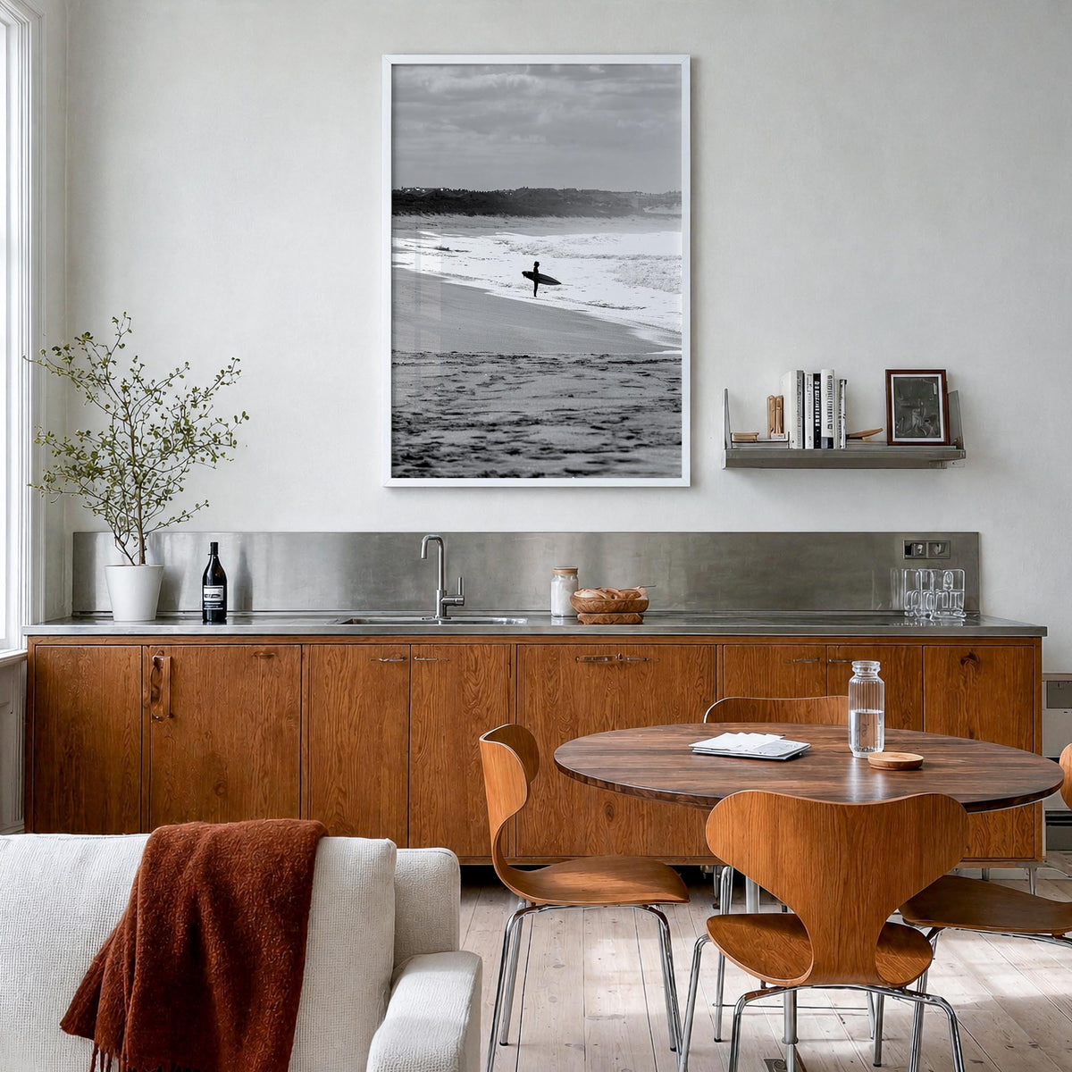 Surfer no. 3 black & white photo poster – vertical wall art in white wood frame, hanging on wall