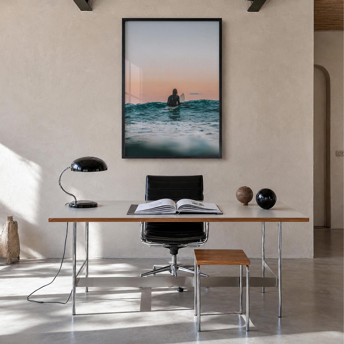 Surfer no. 3 colorful photo poster – vertical wall art in black wood frame, hanging on wall
