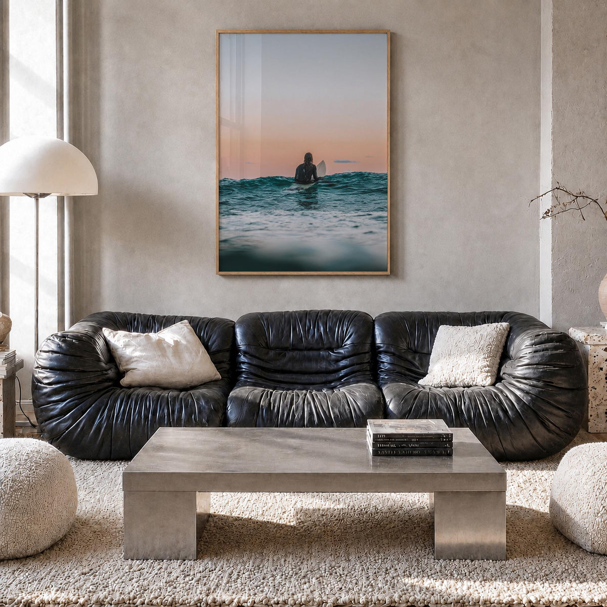 Surfer no. 3 colorful photo poster – vertical wall art in natural wood frame, hanging on wall