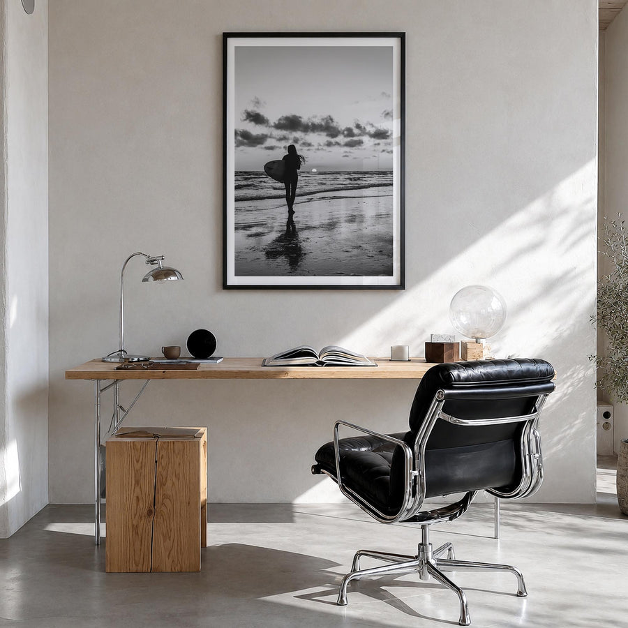 Surfer no. 4 black & white photo poster – vertical wall art in black wood frame with white border, hanging on wall