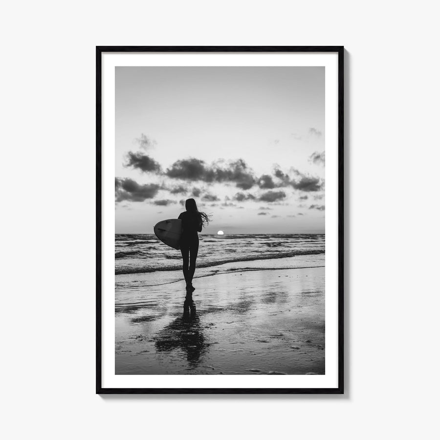 Surfer no. 4 black & white photo poster – vertical wall art, unframed print shown in interior mockup