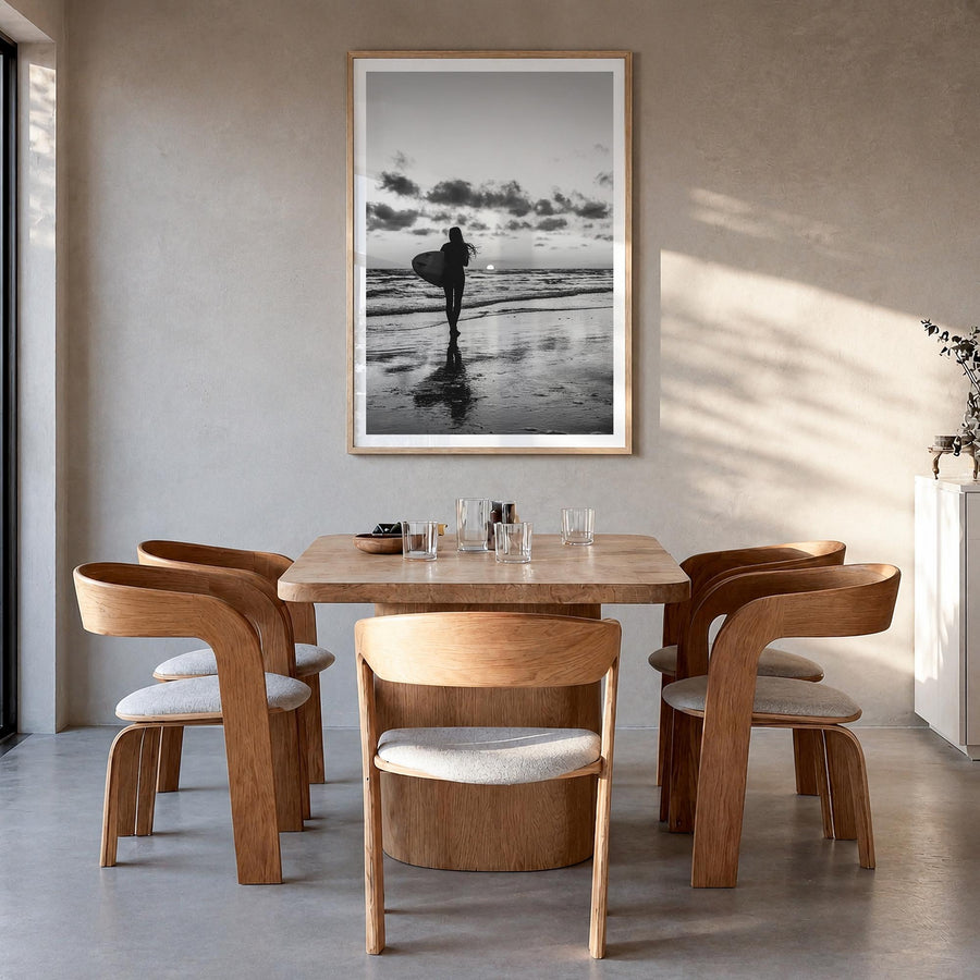 Surfer no. 4 black & white photo poster – vertical wall art in natural wood frame with white border, hanging on wall