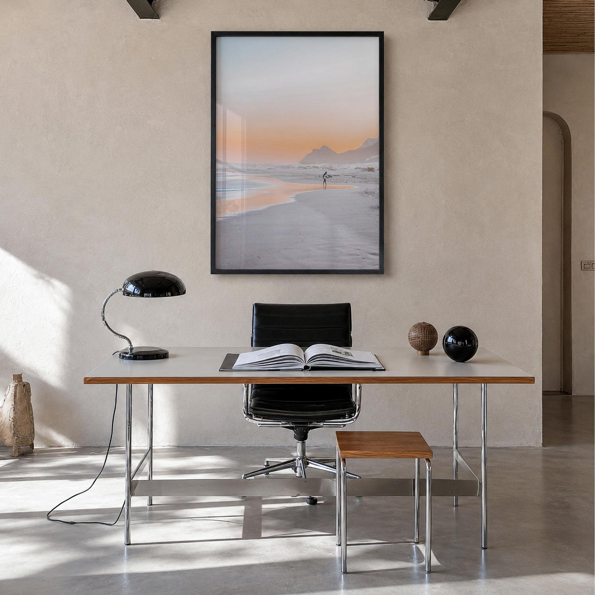 Surfer no. 4 colorful photo poster – vertical wall art in black wood frame, hanging on wall