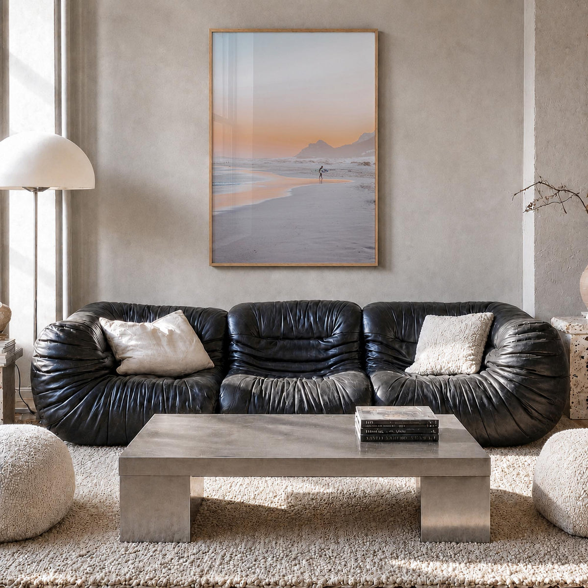 Surfer no. 4 colorful photo poster – vertical wall art in natural wood frame, hanging on wall