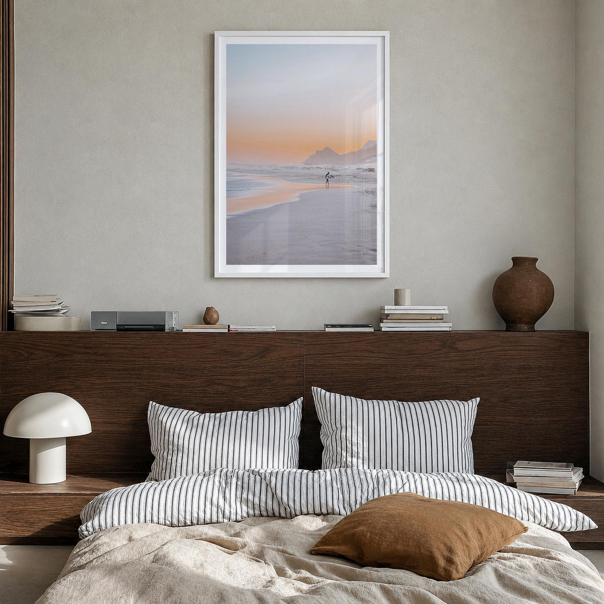 Surfer no. 4 colorful photo poster – vertical wall art in white wood frame with white border, hanging on wall