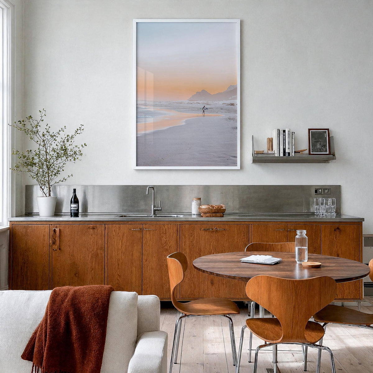 Surfer no. 4 colorful photo poster – vertical wall art in white wood frame, hanging on wall