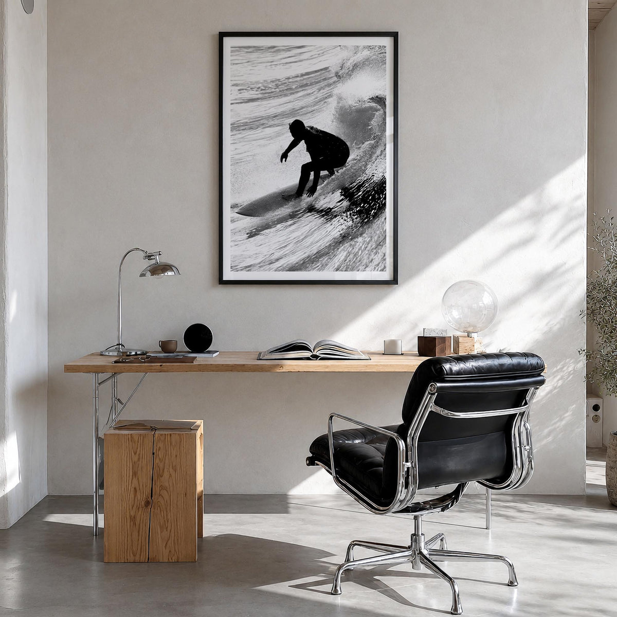 Surfer no. 5 black & white photo poster – vertical wall art in black wood frame with white border, hanging on wall