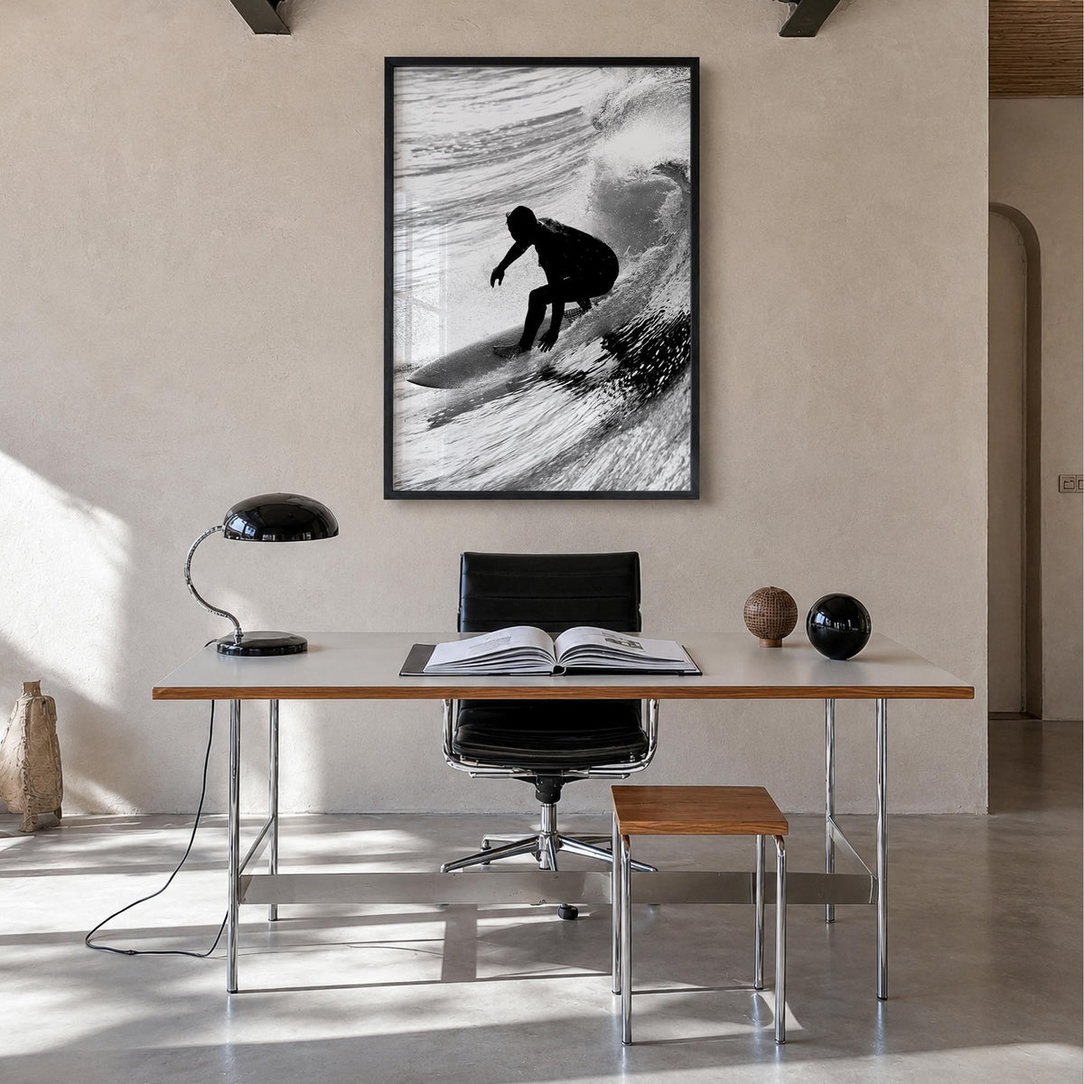Surfer no. 5 black & white photo poster – vertical wall art in black wood frame, hanging on wall