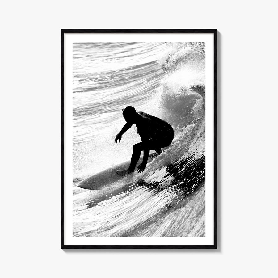 Surfer no. 5 black & white photo poster – vertical wall art, unframed print shown in interior mockup
