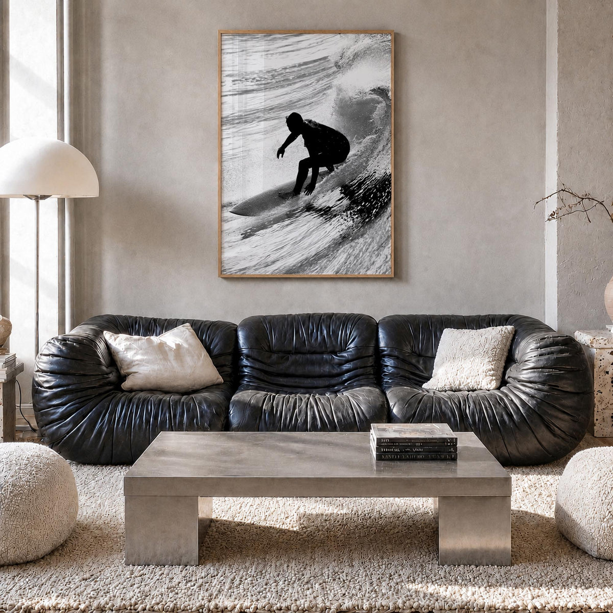 Surfer no. 5 black & white photo poster – vertical wall art in natural wood frame, hanging on wall