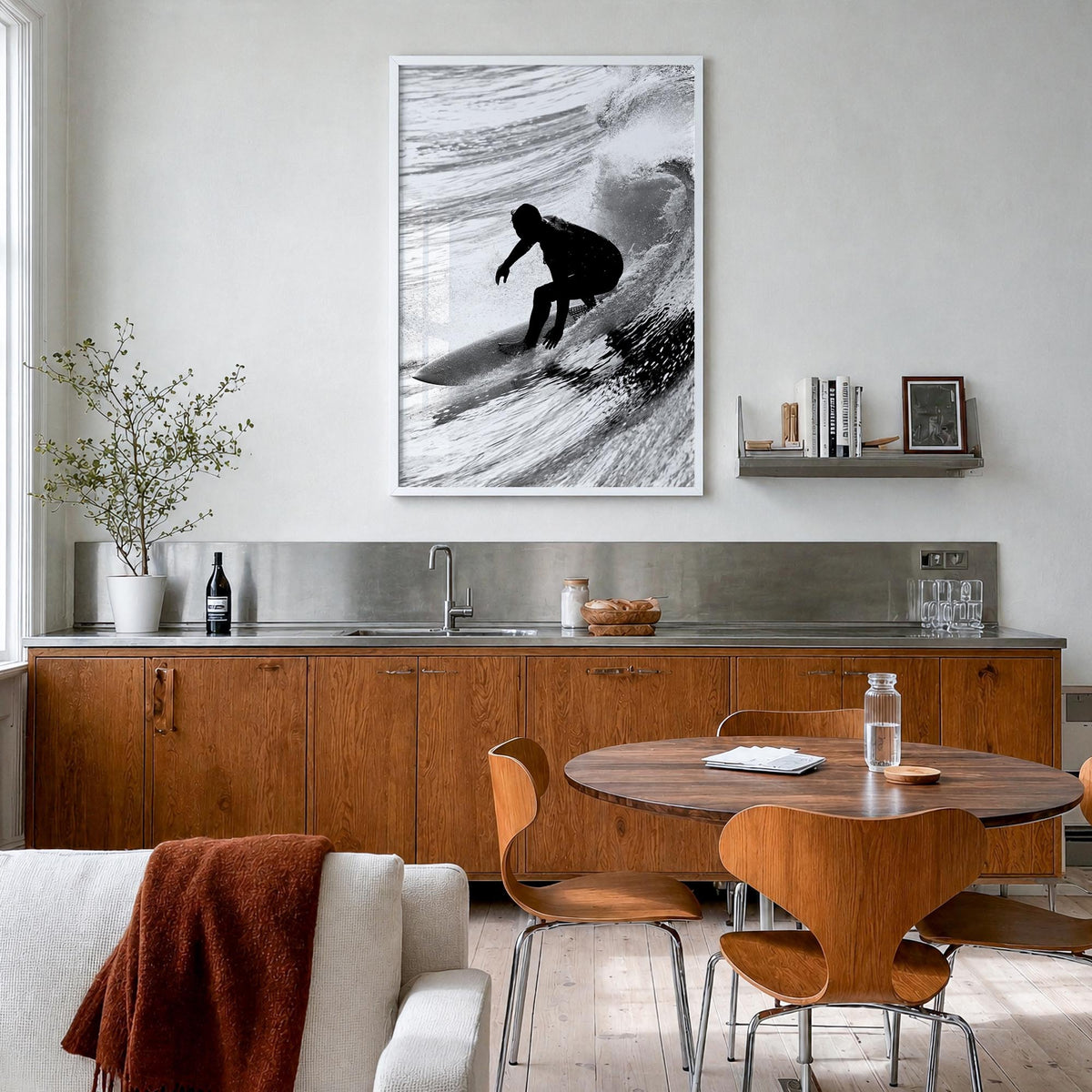 Surfer no. 5 black & white photo poster – vertical wall art in white wood frame, hanging on wall