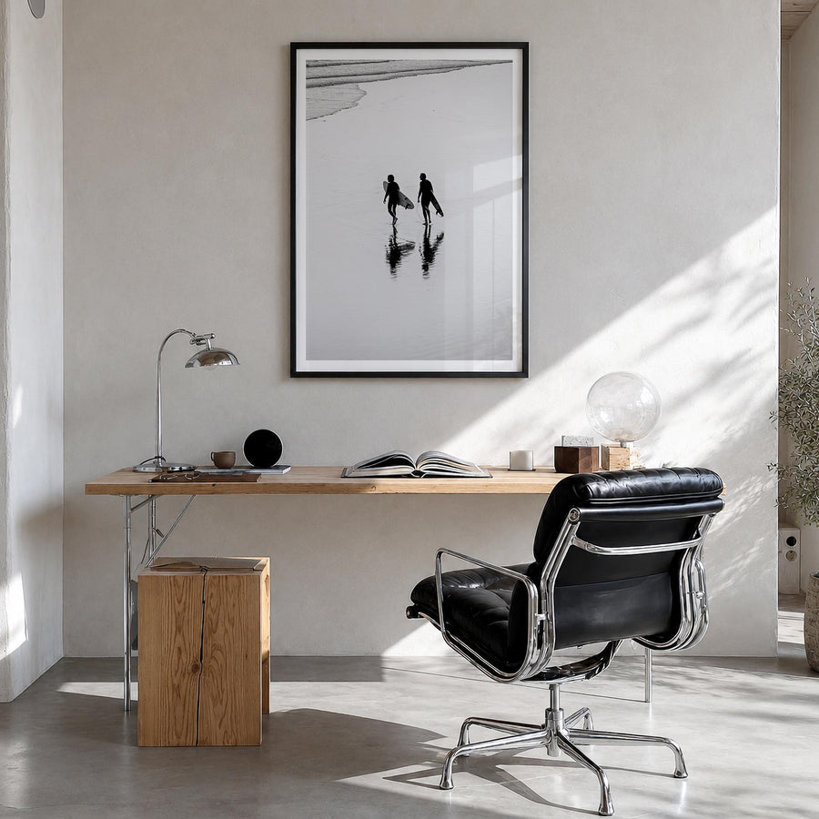 Surfer no. 6 black & white photo poster – vertical wall art in black wood frame with white border, hanging on wall