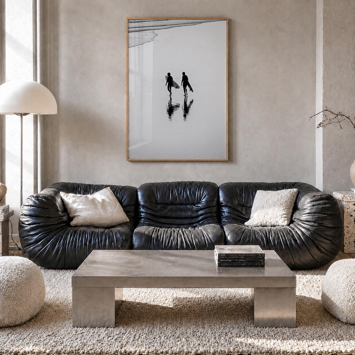 Surfer no. 6 black & white photo poster – vertical wall art in natural wood frame, hanging on wall
