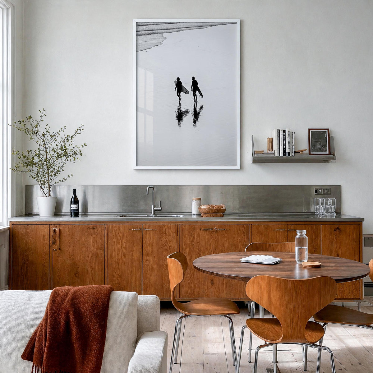 Surfer no. 6 black & white photo poster – vertical wall art in white wood frame, hanging on wall