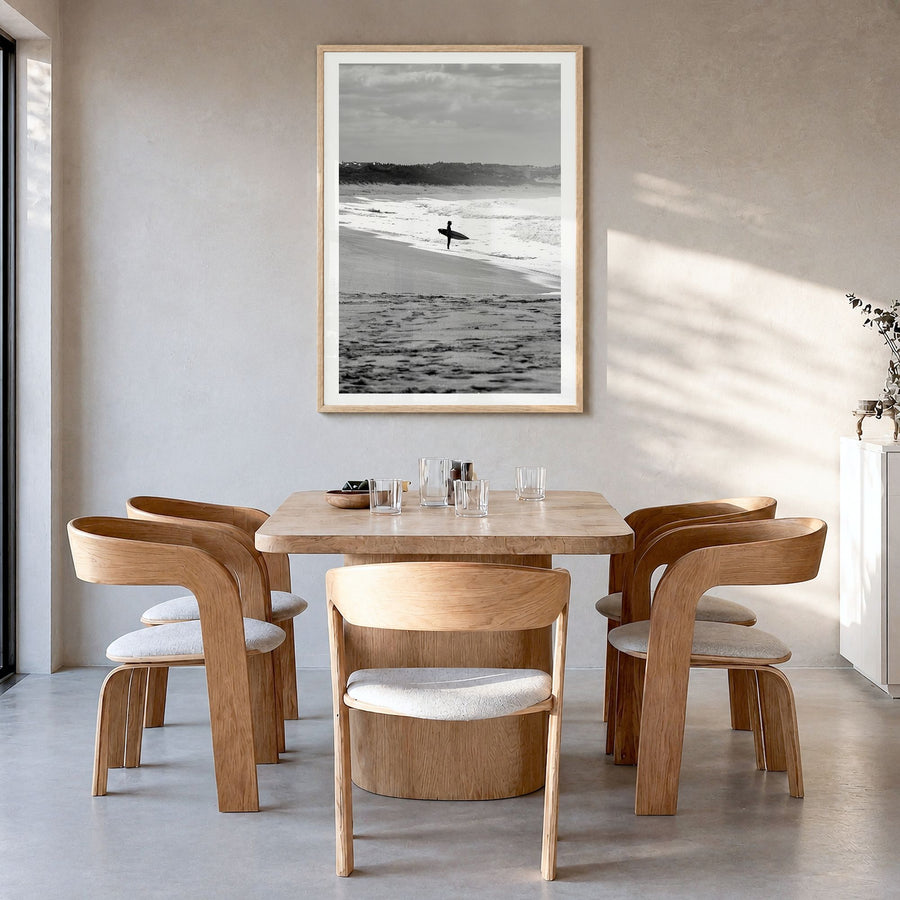 Surfer Photo No 3 Poster in a natural wood frame, hanging in a dining room, white border