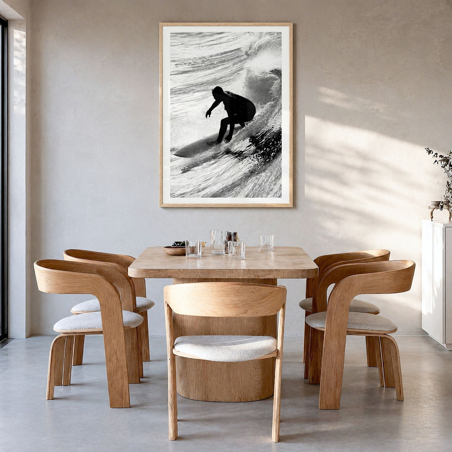 Surfer Photo No 5 Poster in a natural wood frame, hanging in a dining room, white border
