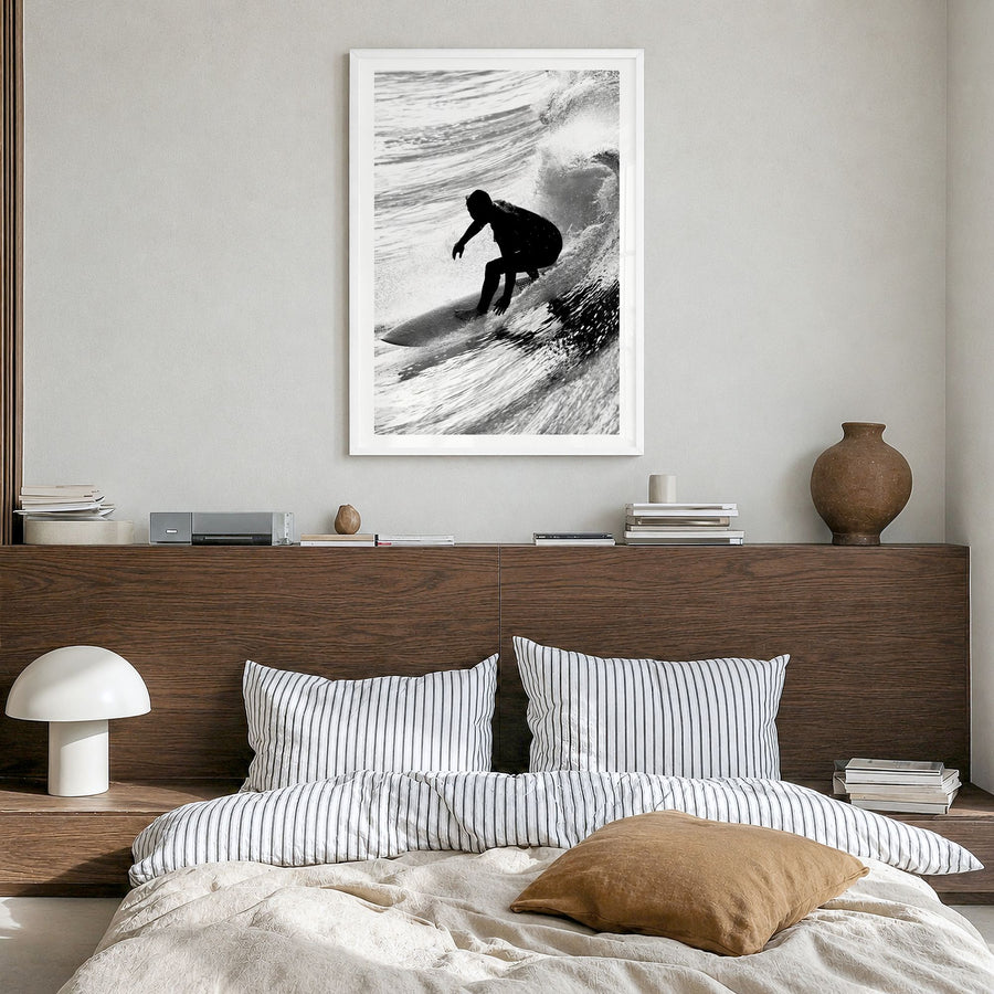Surfer Photo No 5 Poster in a white wood frame, hanging in a bedroom, white border