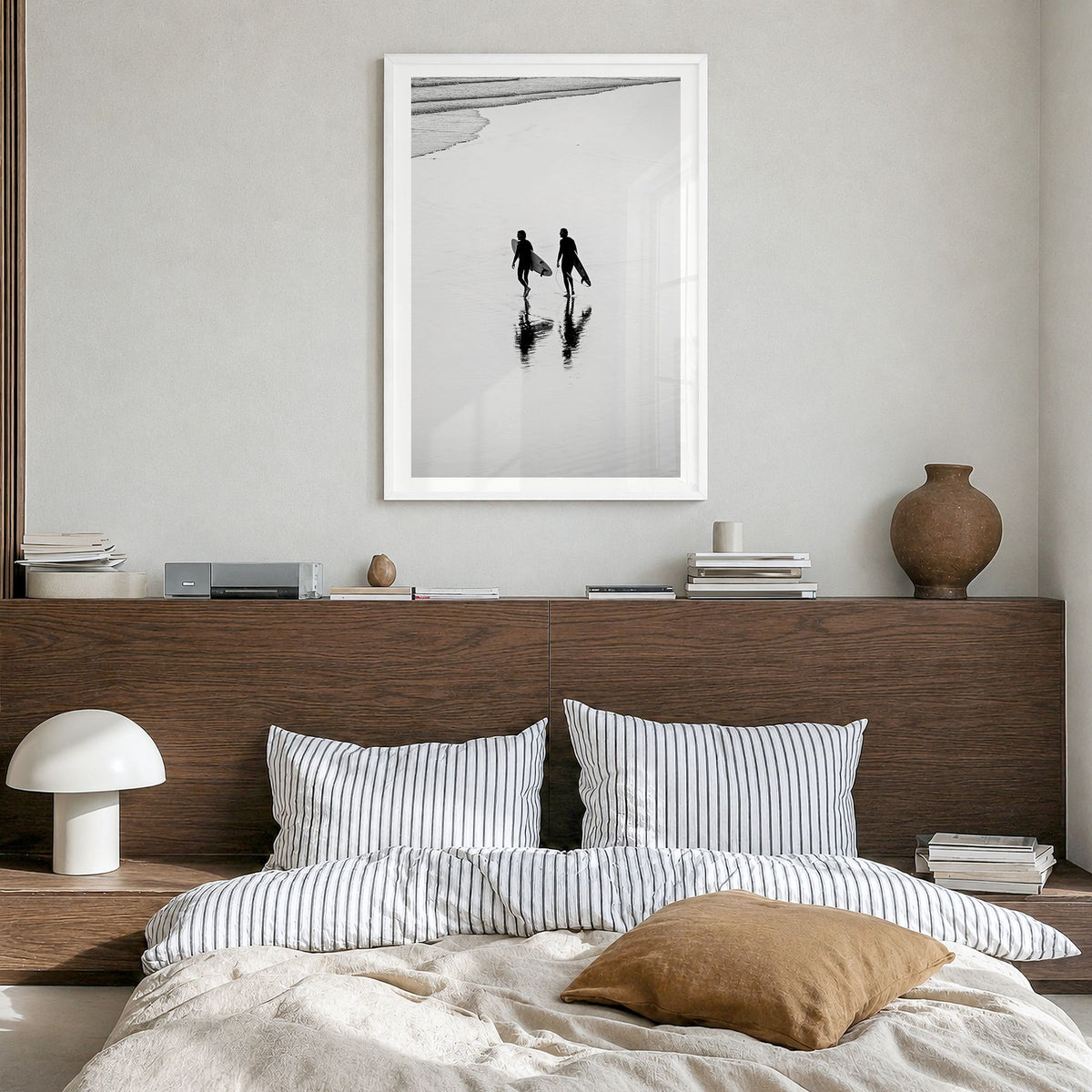 Surfer Photo No 6 Poster in a white wood frame, hanging in a bedroom, white border
